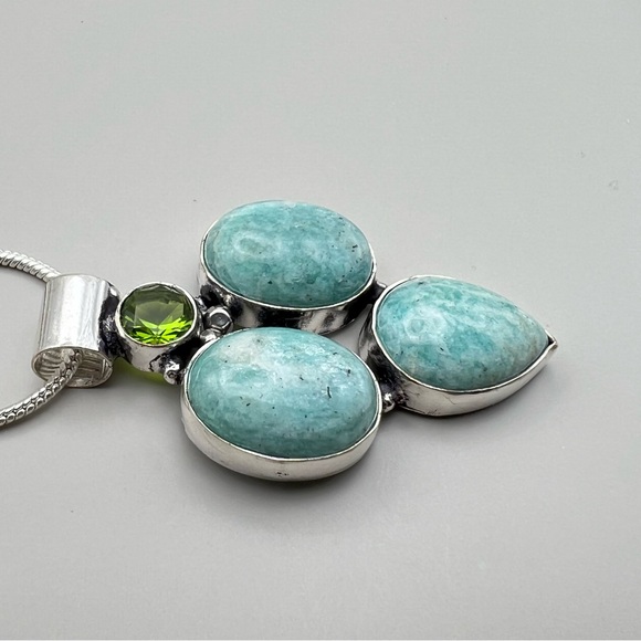 New Amazonite Multi Stone Silver Overlay Pendant Necklace w Snake Chain 18” - Picture 3 of 5